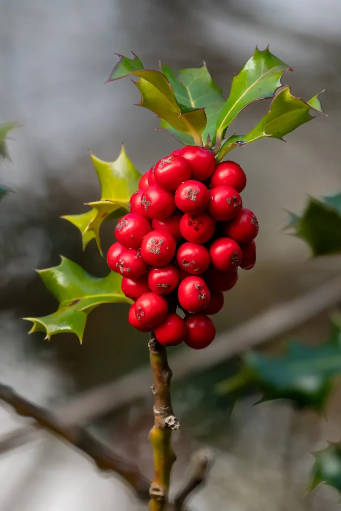 Detailed close-up of holly berries, showcasing one of the classic sights of New Forest woodlands, especially vibrant in the winter months.