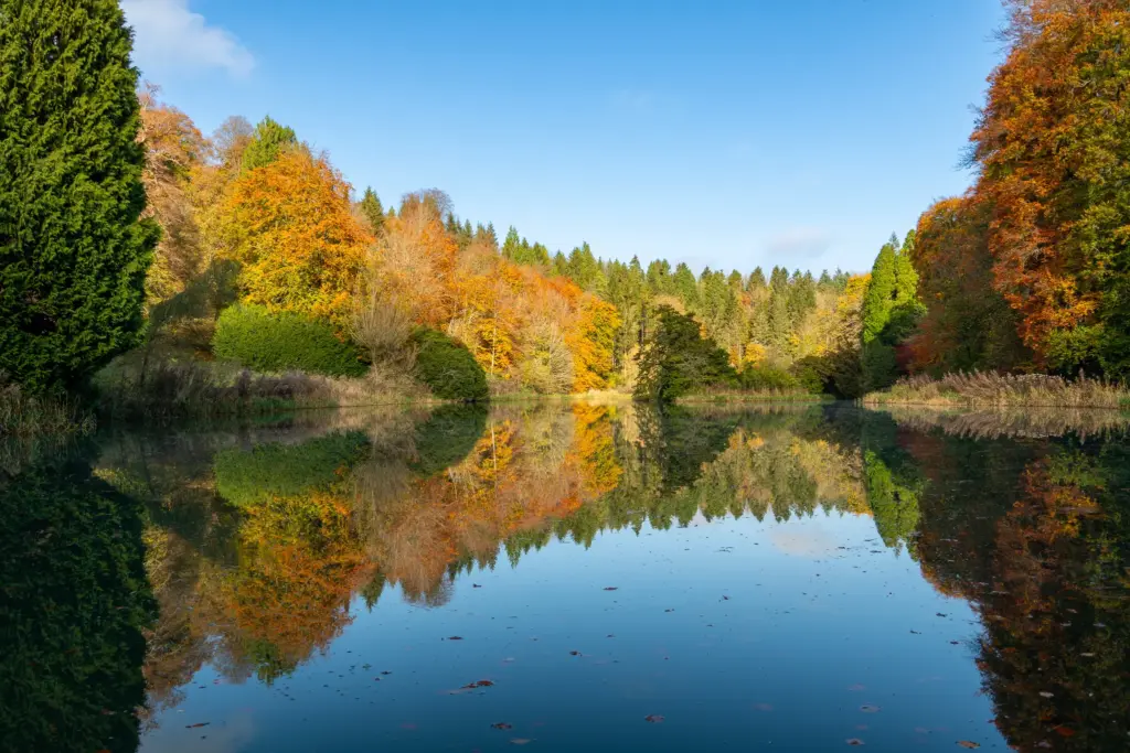Serene autumn landscape at Miserden Estate near Stroud, showcasing colorful trees and their reflections in a calm water body under a clear sky
